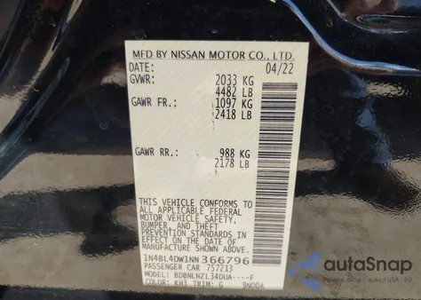 2022 Nissan Altima Sv Intelligent Awd z USA, uszkodzony, nr VIN 1N4BL4DW1NN366796